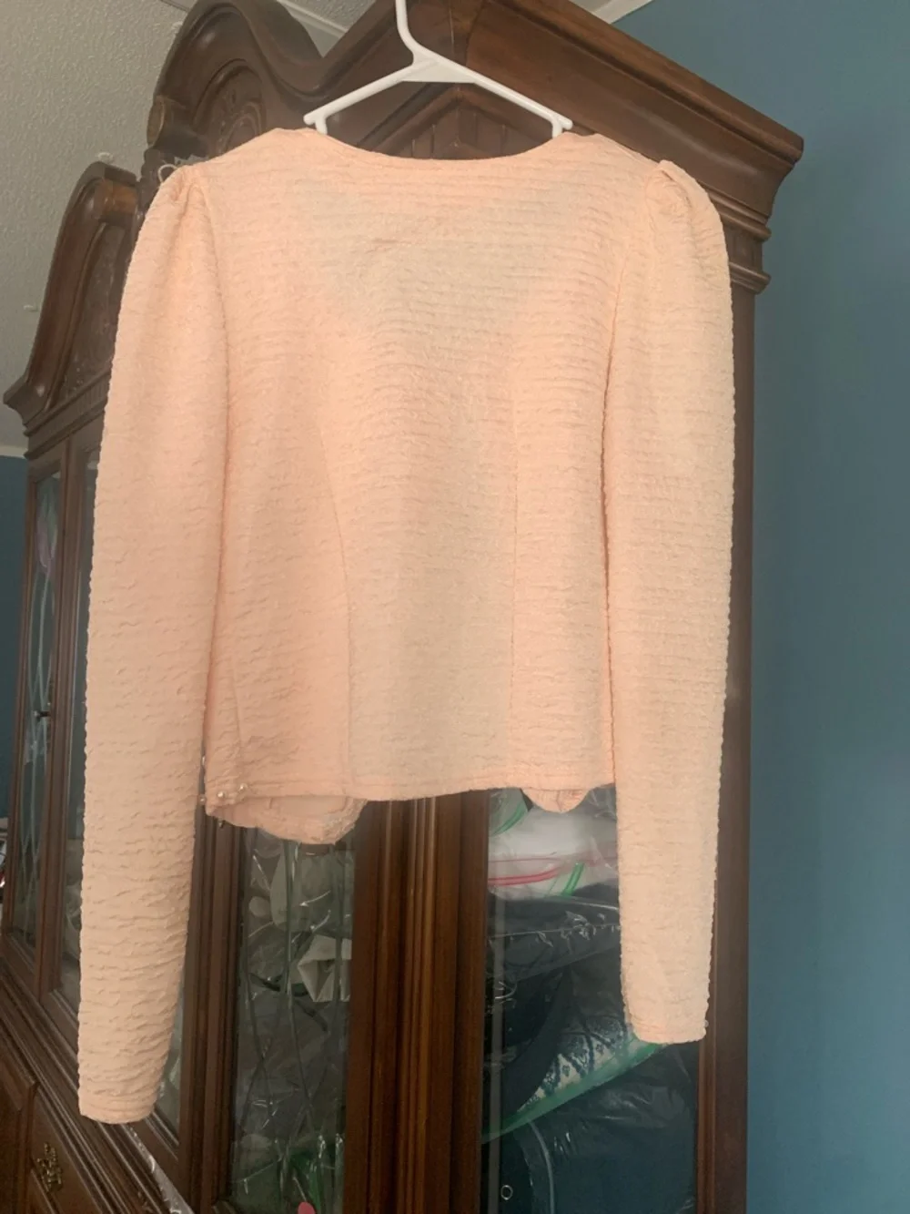 Peach Pearl-Trim Jacket with Bow Accents